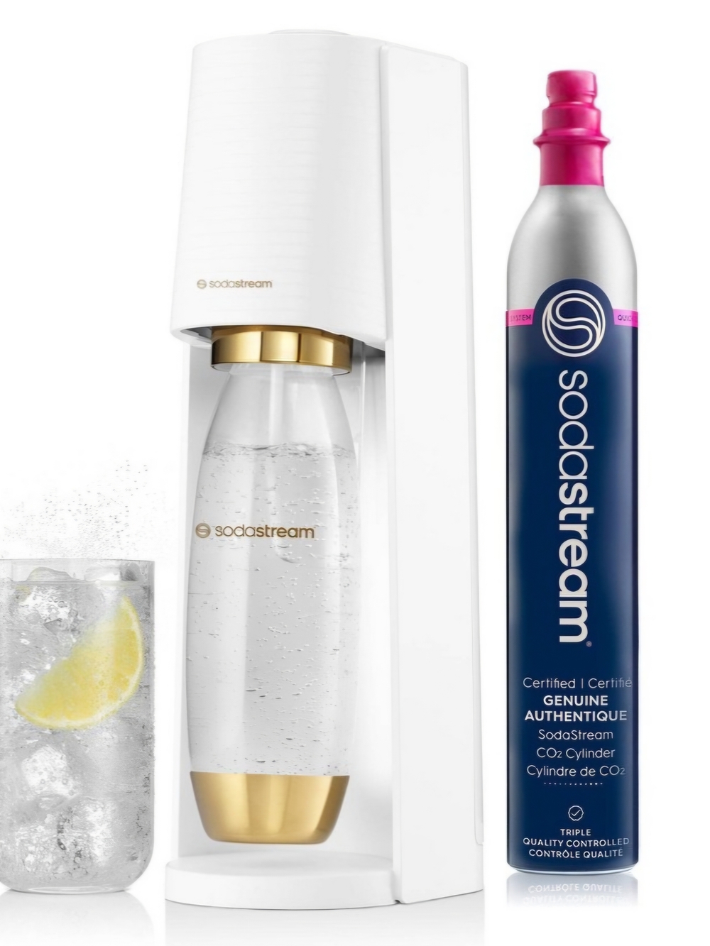 SODASTREAM ART White & Gold Home Sparkling Water Maker, New Co2 and Gold Bottle.